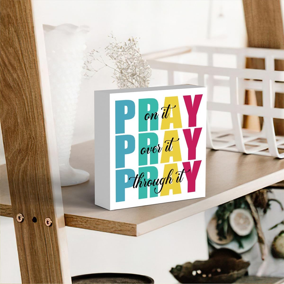 Office Decor for Women Christian Gifts Desk Bedroom Bible Verse Wall Art Inspirational Wooden Box - Pray on It Over It Through It