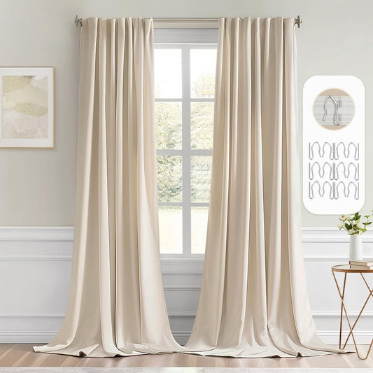 MIULEE Back Tab Cream Beige Curtains 105 Inch Long 2 Panels Set for Living Room Bedroom, Ivory Rod Pocket/Pinch Pleated Light Blocking Thermal Insulated Room Darkening Floor to Ceiling Blackout Drapes
