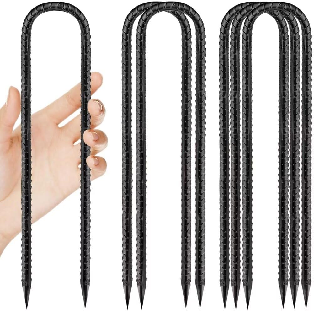 Ground-Stakes-Heavy-Duty-12 inch, U-Hook Rebar Stakes Black Coated Anti-Rust 6pcs Garden Stakes Metal Ground Anchors for Garden Dog Fence Chicken Coop Christmas Decorations Deer Fence