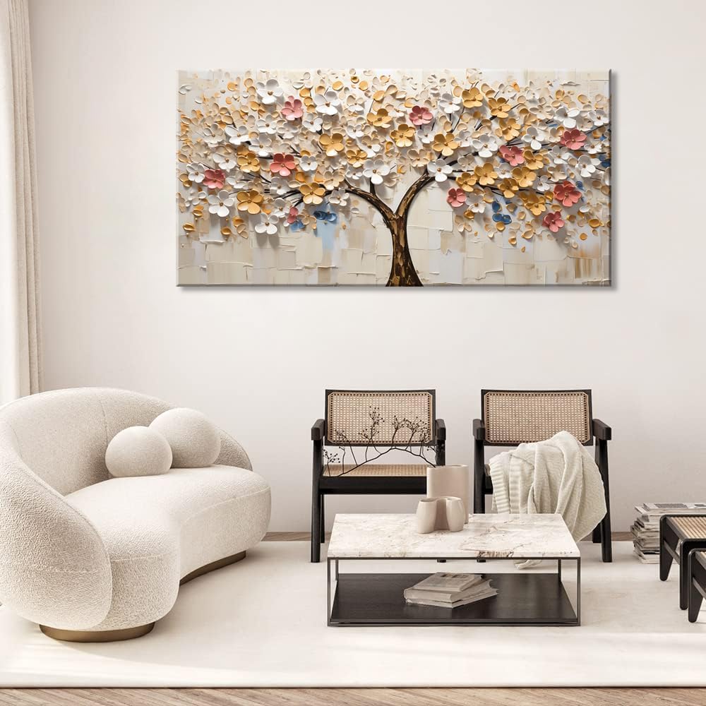 LASMOND Abstract Wall Art Teal Nature Tree of Life Canvas Painting Picture, Modern Large Panoramic Landscape Artwork Framed for Bedroom Living Room Bathroom Office Home Decor (30x60 Inches)