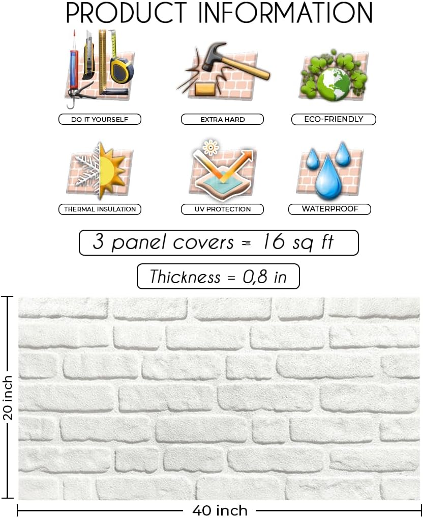 IZODEKOR 3D Stone Effect Wall Panels - Faux Stone Paneling for Living Room, Kitchen, Bathroom and More | Snow White - Pack of 3, Covers 16 sq ft