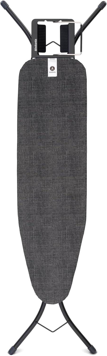 Brabantia Size A Compact Small Ironing Board (43x12 in) 7 Height Options, Adjustable Steam Iron Rest Holder (Denim Black) Non-Slip Feet, Anti-Collapse Child Locks
