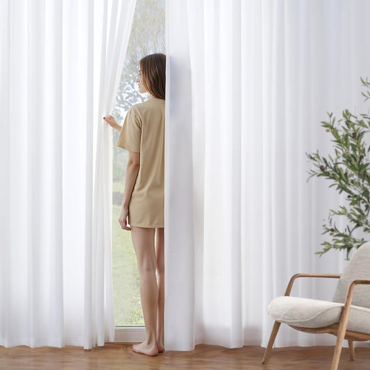 MIULEE White Privacy Sheer Curtains That Let Light in 102 Inches Long Non-See-Through Semi Sheer Curtains Light Filtering Window Curtain Drapes for Living Room Bedroom 2 Panels Set 42 X 102