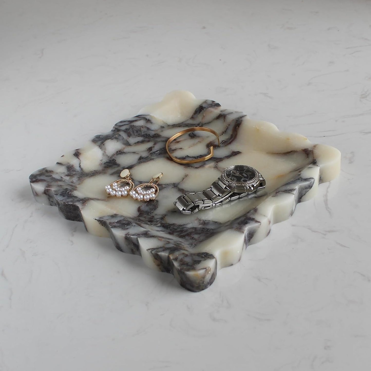 Natural Luxury Marble Tray with Scalloped Edge, Handmade Square Decorative Tray, Catch All Tray for Counter, Dresser, Nightstand and Home Décor (Calacatta Viola)