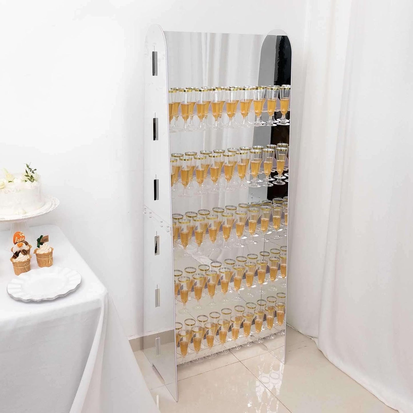 Tableclothsfactory Silver Mirror Finish 5-Tier Wine Glass Stemware Rack, 40 Champagne Flute Holder Foam Board Wall Stand - 5ft