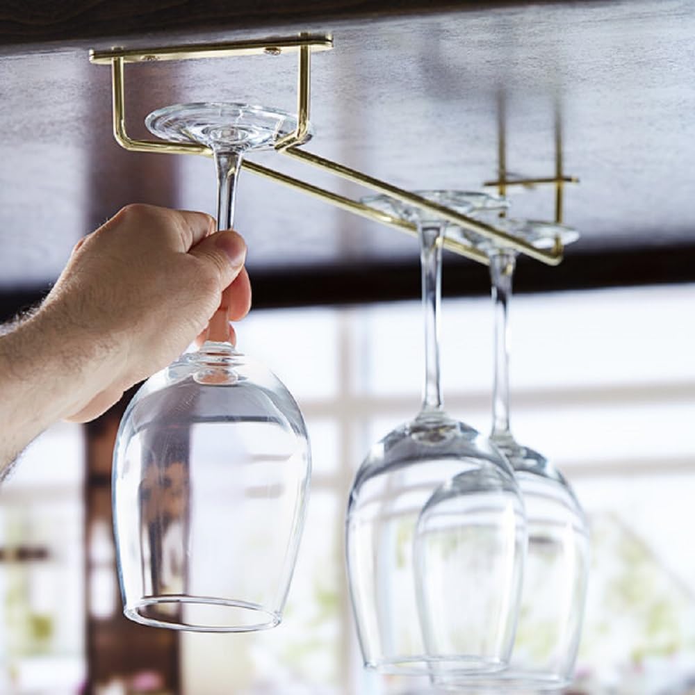 Soro Essentials- 16" Glass Hanging Stemware Rack Brass Plated Set of 2- Wine Glass Hangers Under Shelf Cabinet Wire Wine Holder Storage Hanger for Cabinet Kitchen Bar or Home