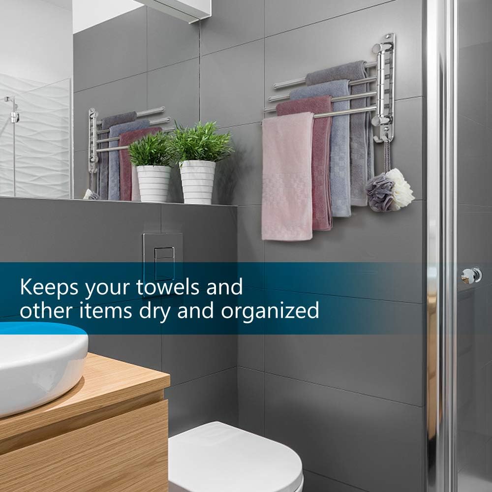 Bathroom Towel Rack JSVER 4 Arms Swivel Towel Holder, Towel Bar Wall Mounted, SUS304 Stainless Steel Space Saving Towel Rack, Towel Racks for Bathroom, Kitchen