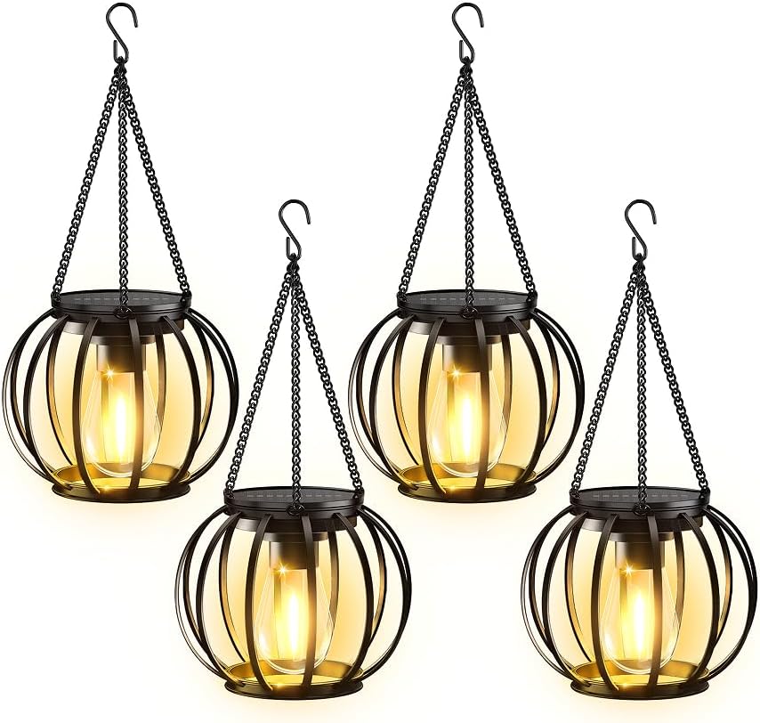 KOOPER Solar Lanterns Outdoor Waterproof, 4 Pack Upgraded Metal Hanging Solar Lights Outdoor Lanterns, Brighter Auto On/Off Outdoor Hanging Lantern for Yard Patio Pathway Porch Garden Decor