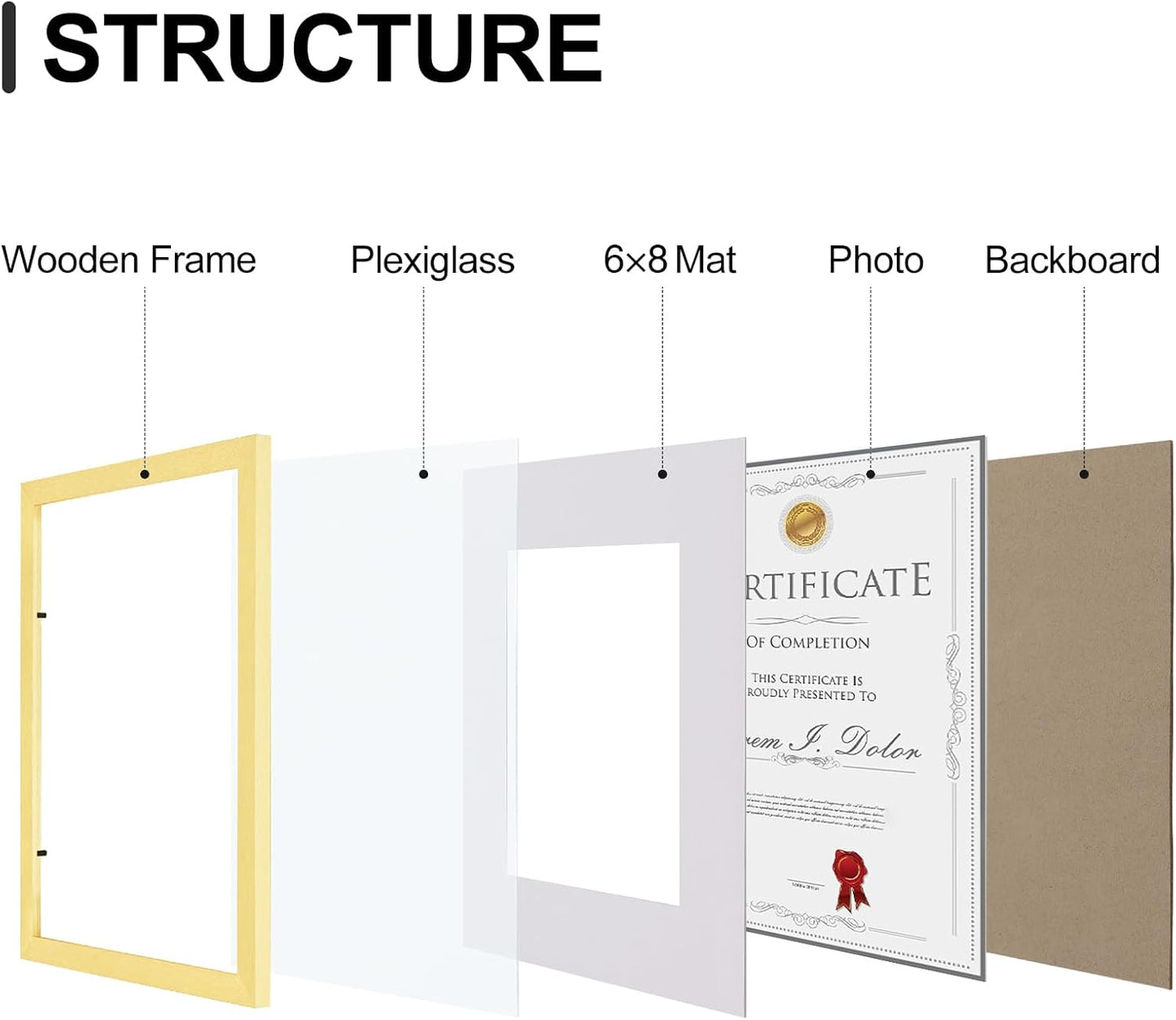 Vittanly 8.5x11 Picture Frames Set of 9, Shatter Resistant Plexiglass, Display 6x8 Pictures with Mat or 8.5x11 without Mat, Photo Frames for Wall or Tabletop, Engineered Wood, Gold