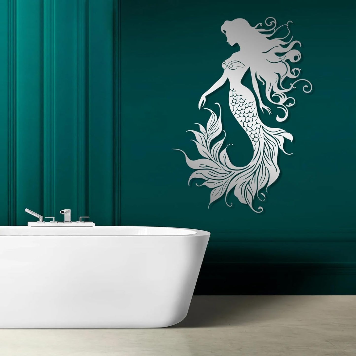 Veplsur Mermaid Metal Wall Art, Metal Mermaid Wall Decor, Marine Biology Wall Decor, Ocean Wall Art, Nautical Wall Hanging, Beach Hanging for Bathroom Bedroom (Silver, 41"x29"|105x75cm)