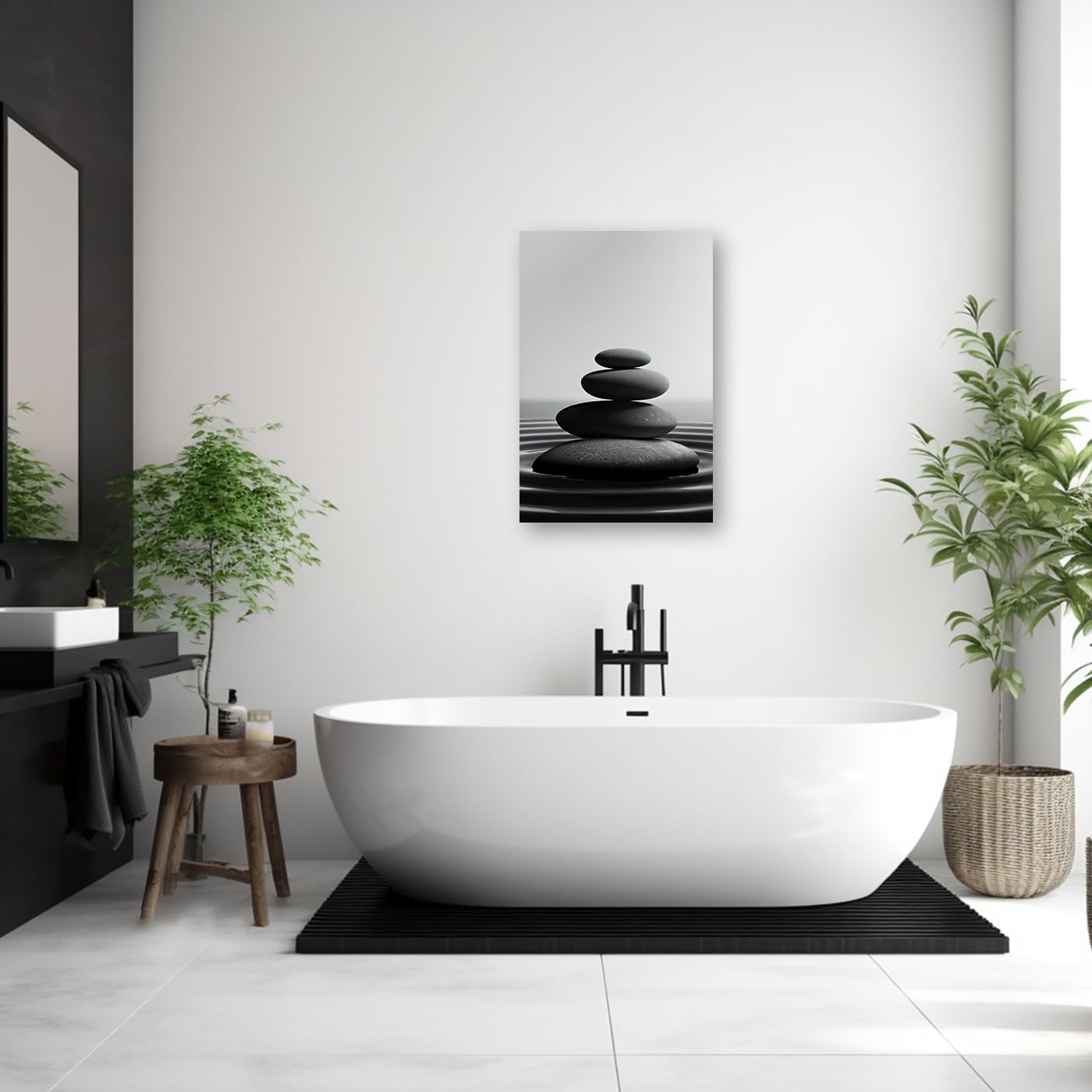 DOARTDO Zen Stone Canvas Wall Art Black and White Spa Stones Picture Print Modern Meditation Spirit Bathroom Decor Frame (16.00" x 24.00", Zen Stone - 1)
