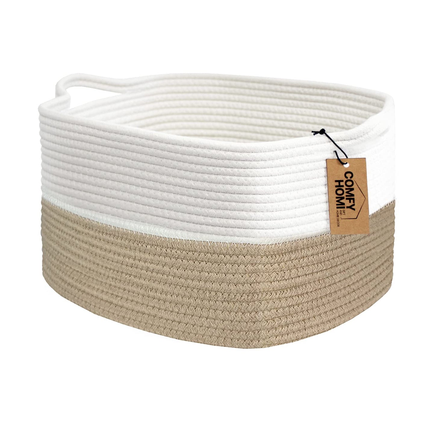 COMFY-HOMI Cotton Rope Woven Basket with Handles for Shelves,Toys,Book, Cloth Storage Baskets Bin for Organizing-13.5"x11"x9.5" Toy Decorative Organizer for Living Room, Bathroom-Light Brown