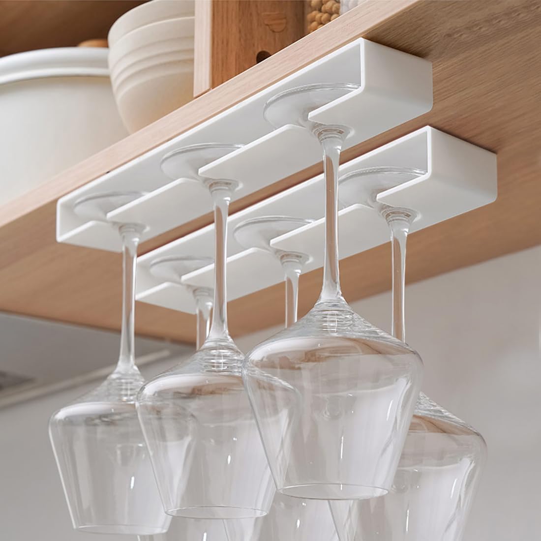 2 Pack Wine Glass Holder,Wine Glass Rack Punch-free Under Cabinet Wine Glass Holder Hanging Plastic Stemware Rack（White）