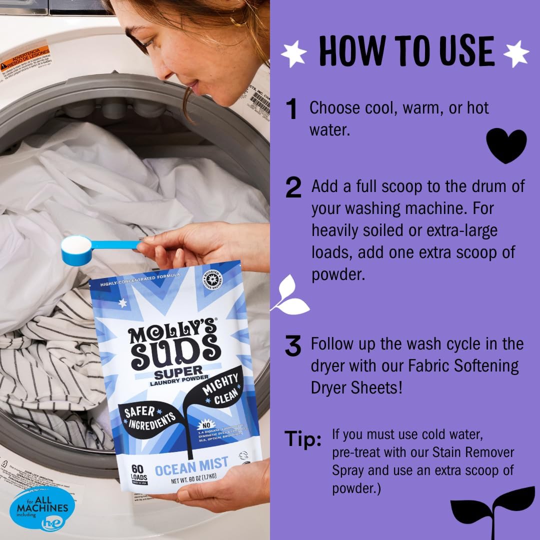 Molly's Suds Super Powder Detergent | Extra Strength Laundry Soap, Stain Fighting | Sensitive Skin | Simple, Effective Ingredients | Lavender, 120 Loads Total (2 Pack)