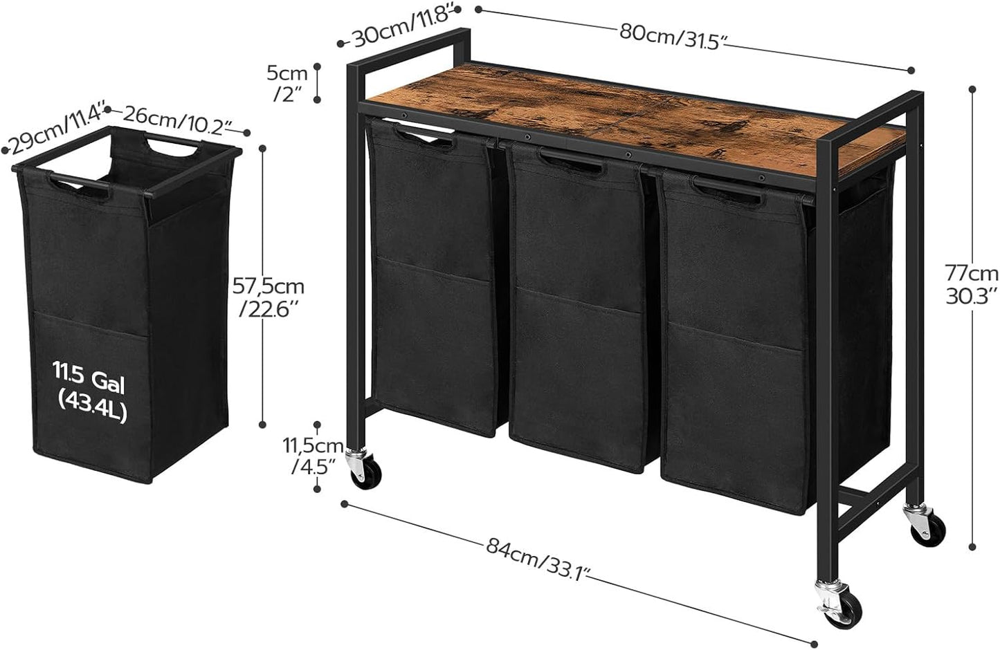 HOOBRO Laundry Sorter 3 Section, Laundry Hamper with Wheels, 3 × 11.5 Gal (43.5 L), Rolling Laundry Basket, Pull-Out and Removable Oxford Fabric Laundry Bags, Rustic Brown and Black BF76XY01