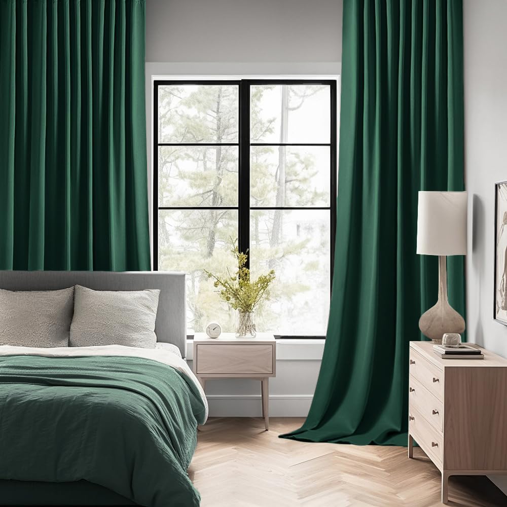 MIULEE Hunter Green Back Tab Blackout Curtains 90 Inches Long 2 Panels Set for Living Room Bedroom, Rod Pocket/Pinch Pleat Thermal Insulated Room Darkening Pleated Light Blocking Drapes