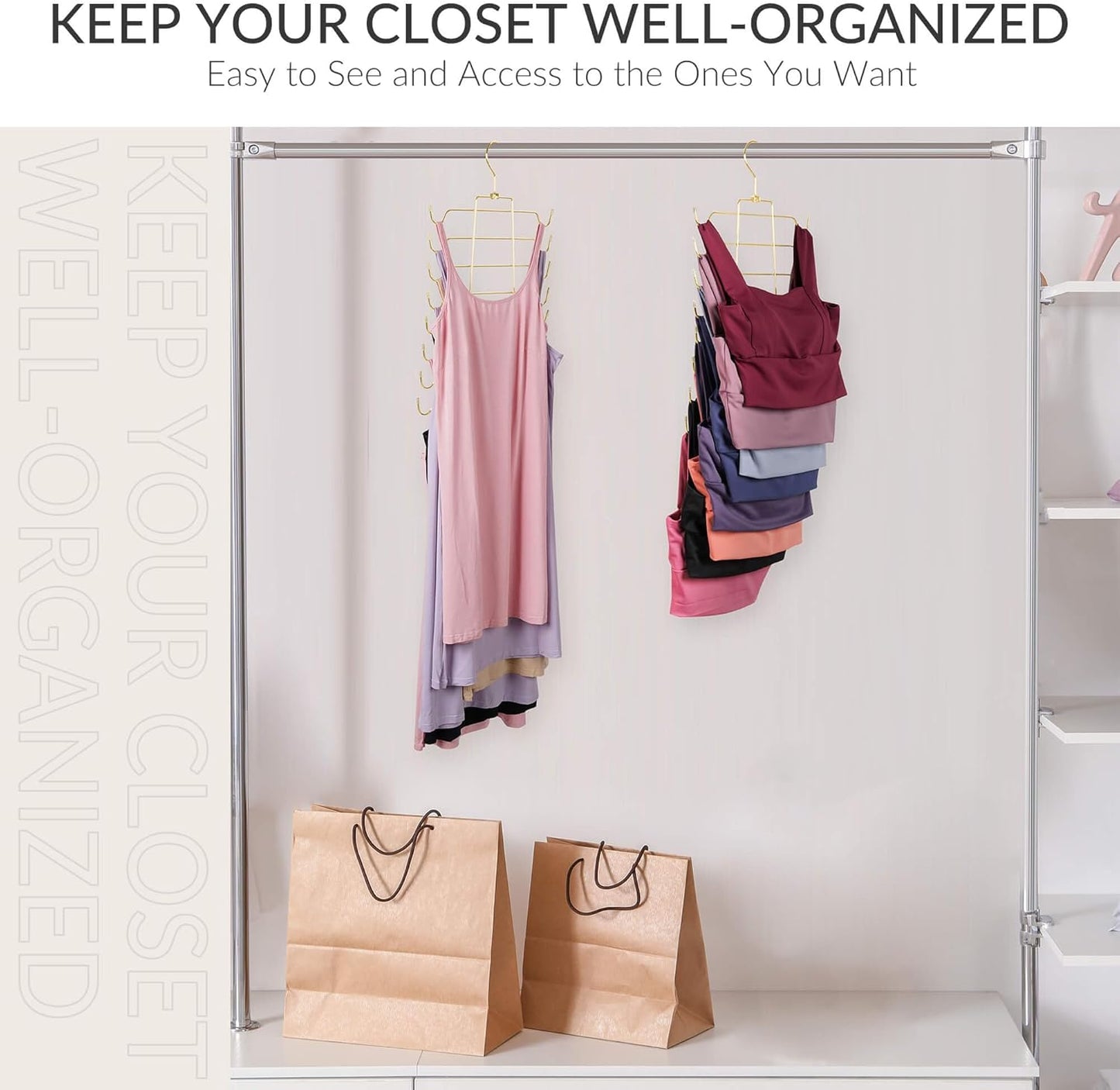 ZEDODIER Tank Top Hanger, Space Saving Bra Hamgers, Non-Slip Hanging Sport Bras Holder, Closet Organizers and Storage for Camisoles Tank Tops Bras Ties Swimsuits Strappy Dress, Gold