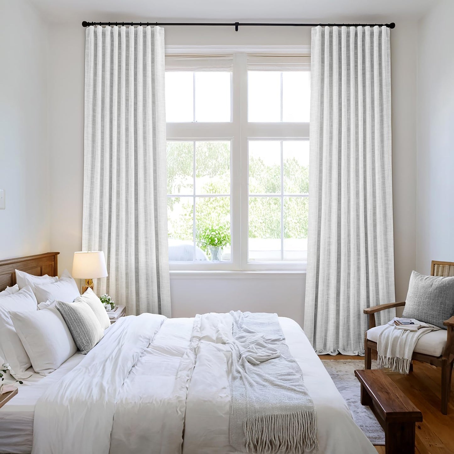 MIULEE Greyish White 100% Blackout Linen Curtains 102 Inch 2 Panels Set Double Sided No Coating Pinch Pleated Back Tab Floor to Ceiling Black out Thermal Insulated Bedroom Living Room Darkening Drapes