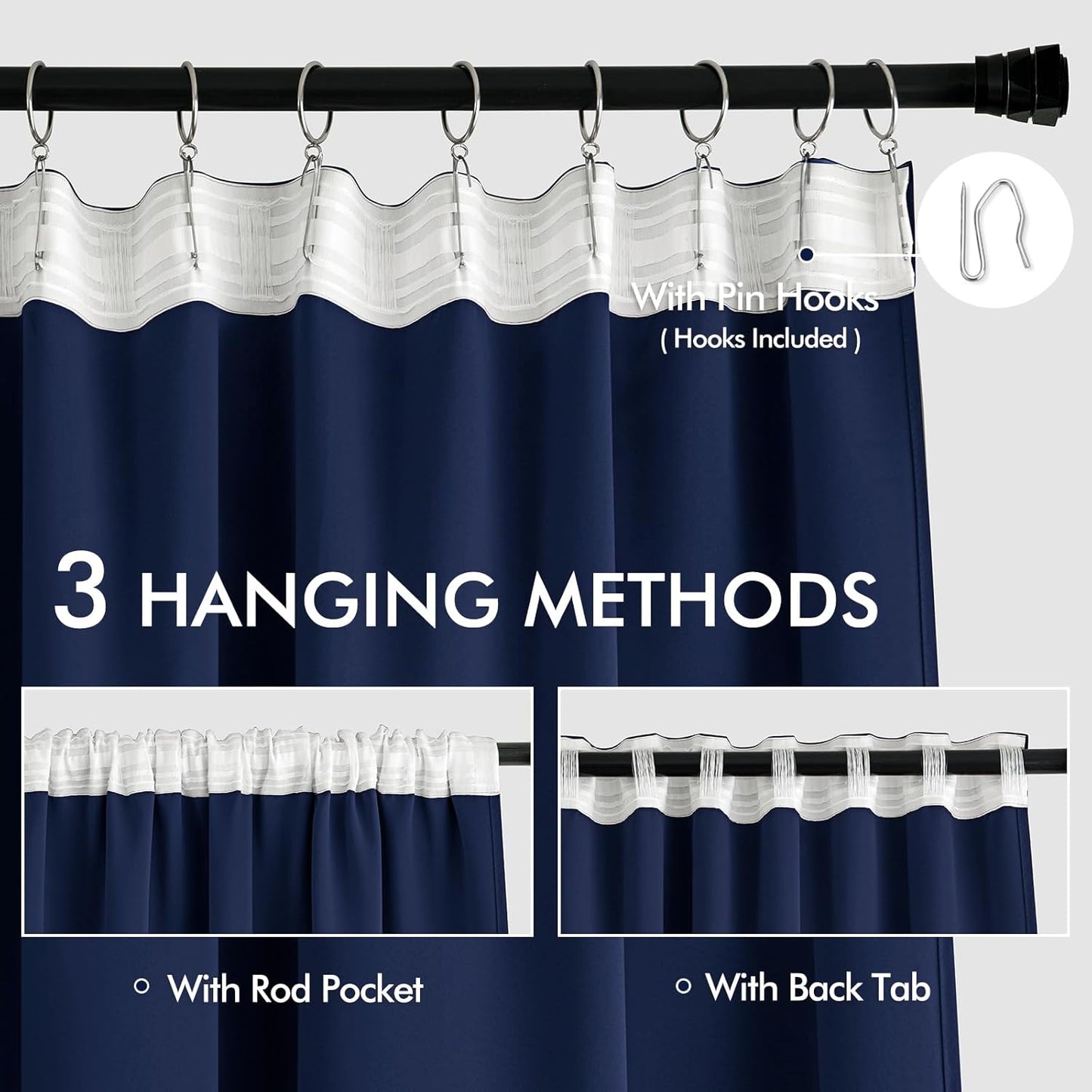MIULEE Navy Blue Back Tab Blackout Curtains 90 Inches Long 2 Panels Set for Living Room Bedroom Privacy, Rod Pocket/Pinch Pleat Thermal Insulated Room Darkening Pleated Light Blocking Drapes