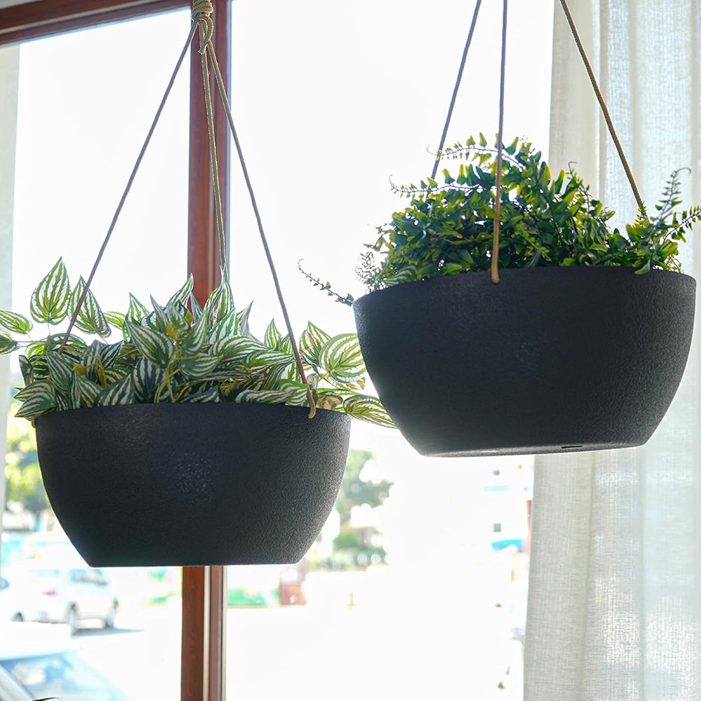 13 Inch 2 Pack Large Hanging Planters for Indoor Outdoor Plants, Plastic Hanging Basket Pots for House Plants Flowers, Black