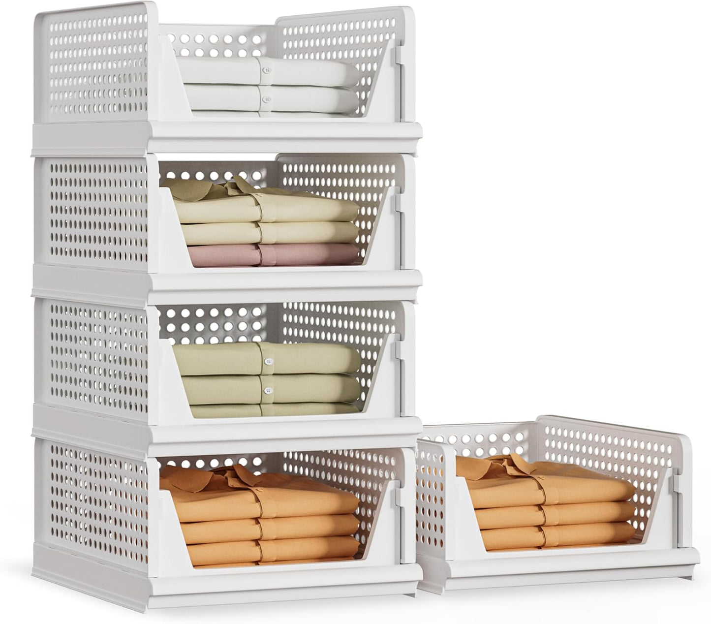 5 Pack Stackable Plastic Storage Basket Closet Organizer Bin Foldable Clothes Organizer Storage Drawer Shelf Container for Living Room Bathroom Kitchen Office (5L)