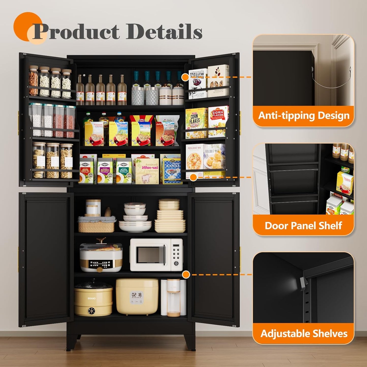 74.8" Tall Metal Food Cabinet, Black Kitchen Pantry Cabinet, Storage Cabinets with 4 Door and 4 Adjustable Shelves, Steel Freestanding Cupboard for Kitchen Dining Room Living Room Bathroom