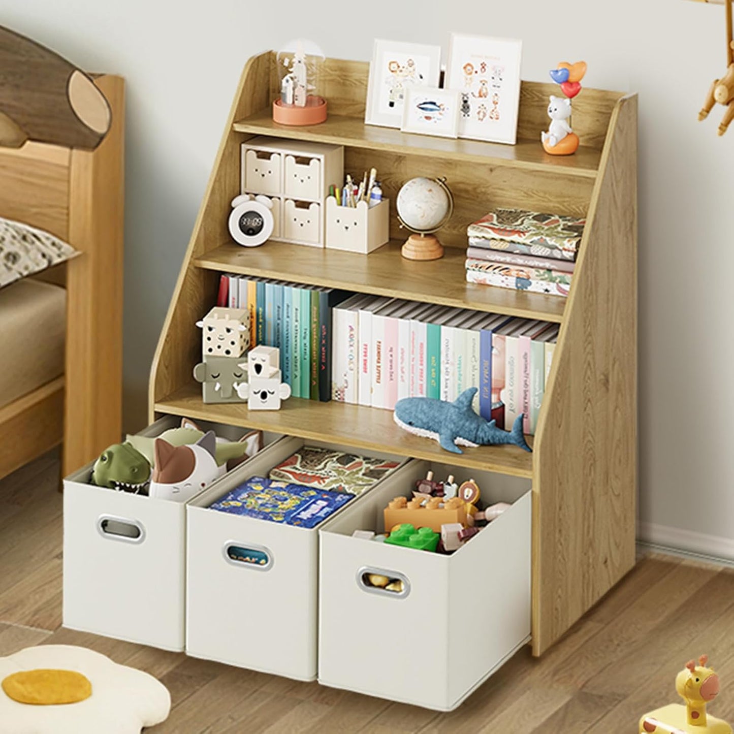 Kids Bookshelf and Toy Organizer, 3-Tier Toy Storage Organizer with 3 Movable Drawers, Montessori Toy Shelf, Nursery Book Shelves Toddler Bookshelf for Kids Room Living Room Nursery