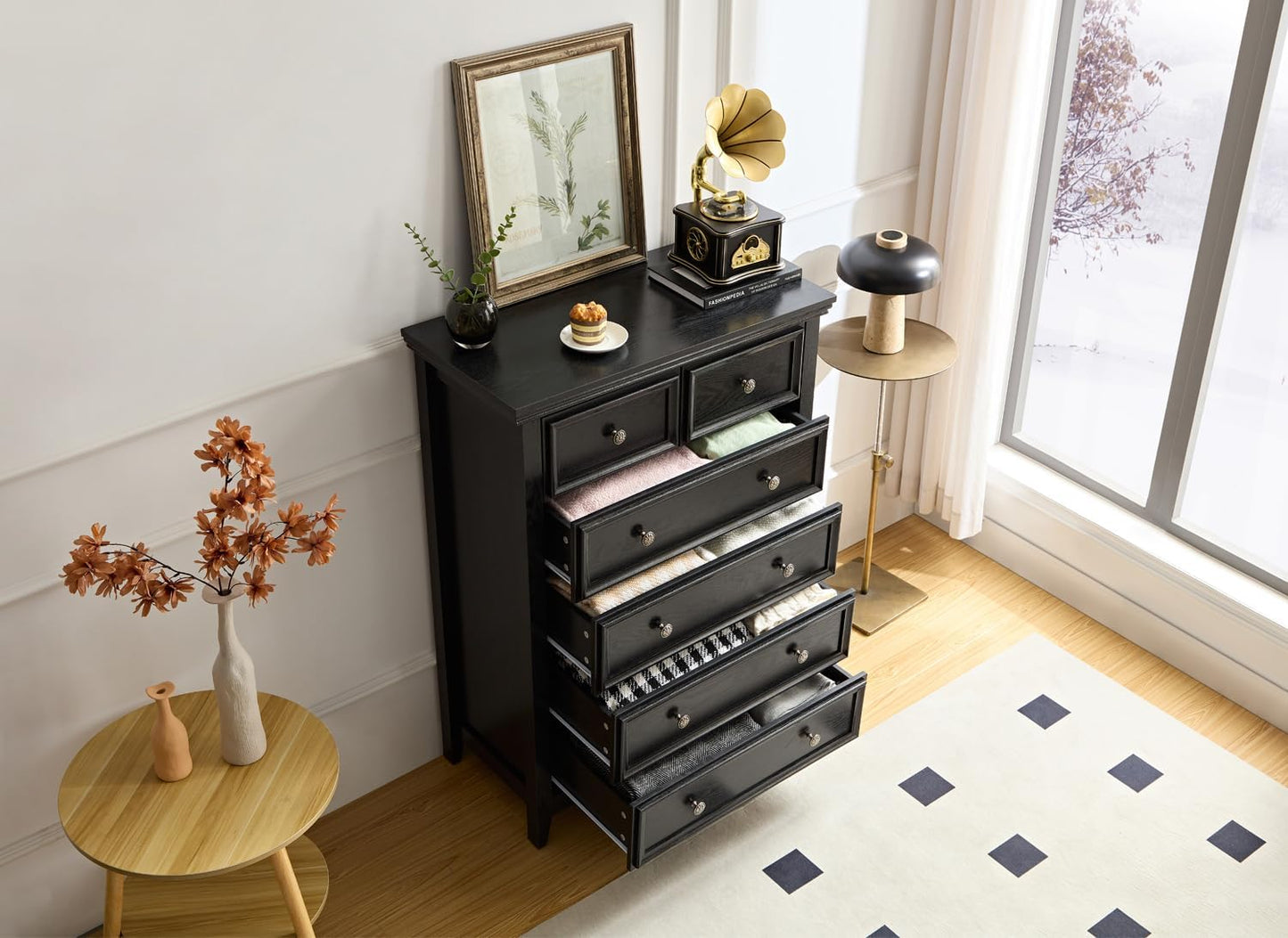 BLANKSPACE Black Dresser, 6 Chest Drawer Dresser for Bedroom, Large Capacity Nightstand, Modern Wood Cabinet for Bedroom, Living Room, Closets