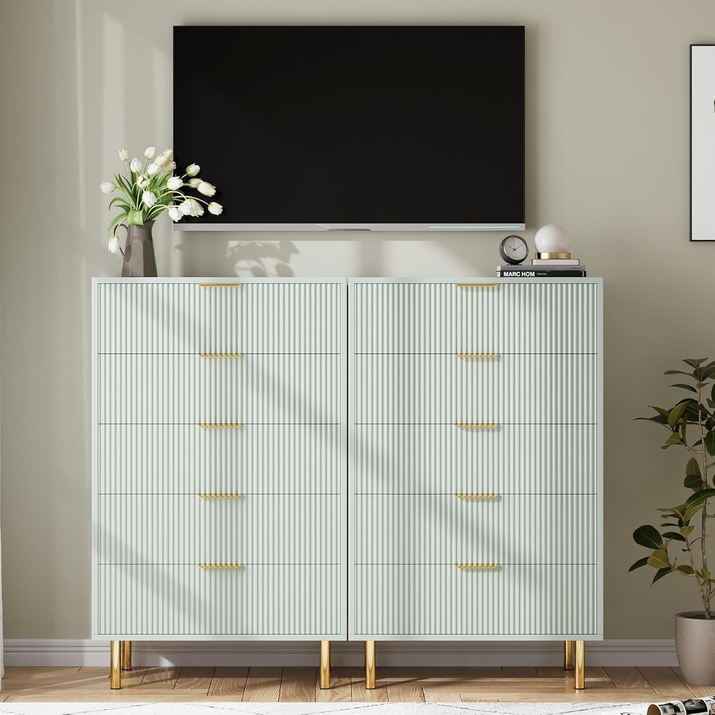 GAOMON 5 Drawer Dresser, Wood Chest of Drawers Organizer Storage with Gold Handle, Tall Storage Cabinet, Modern Design Dresser for Bedroom, Living Room, Closet, Hallway, Entryway, Green