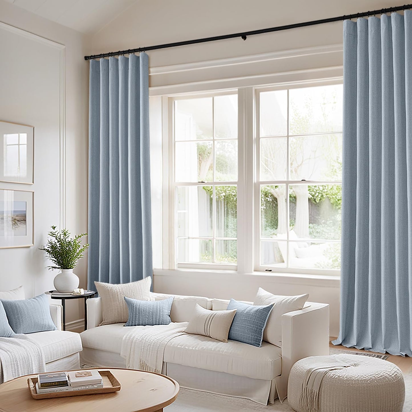 MIULEE 100% Blackout Curtains 108 Inch Long 2 Panels Set for Bedroom, Thick Faux Linen Black Out Curtain Room Darkening Back Tab Pleat Window Textured Drapes with Hooks for Living Room, Chambray Blue