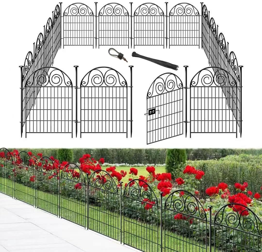 Tall Garden Fence Animal Barrier with Gate, 32 in(H) 16 Panels Garden Fences and Borders for Dogs, Dog Fence Outdoor for Yard, Total Length 35 Ft Metal Temporary Fencing│Patented