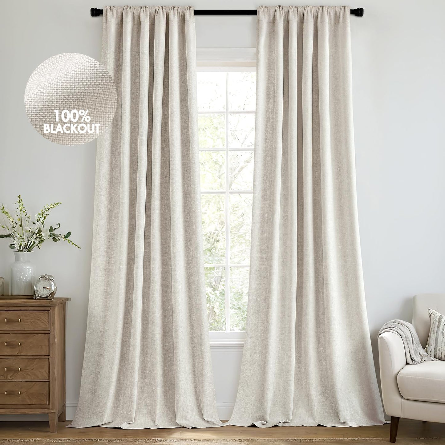 MIULEE 100% Blackout Curtains 105 Inch Long 2 Panels Set for Bedroom, Thick Luxury Faux Linen Black Out Curtain Room Darkening Back Tab Pleat Window Textured Drapes with Hooks for Living Room, Birch
