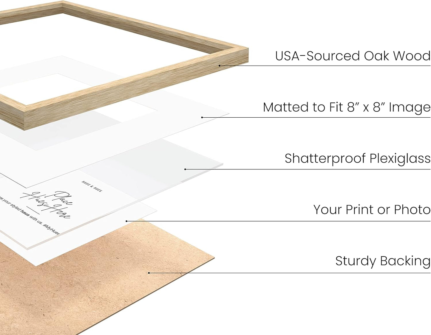 HAUS AND HUES Solid Oak Wood 12”x12” Picture Frames Matted to 8”x8” Set of 4-12x12 Standard Square Picture Frames, 12x12 Photo Gallery Wall Frame Set, 12x12 Frames with Mat (Beige Oak Frames)