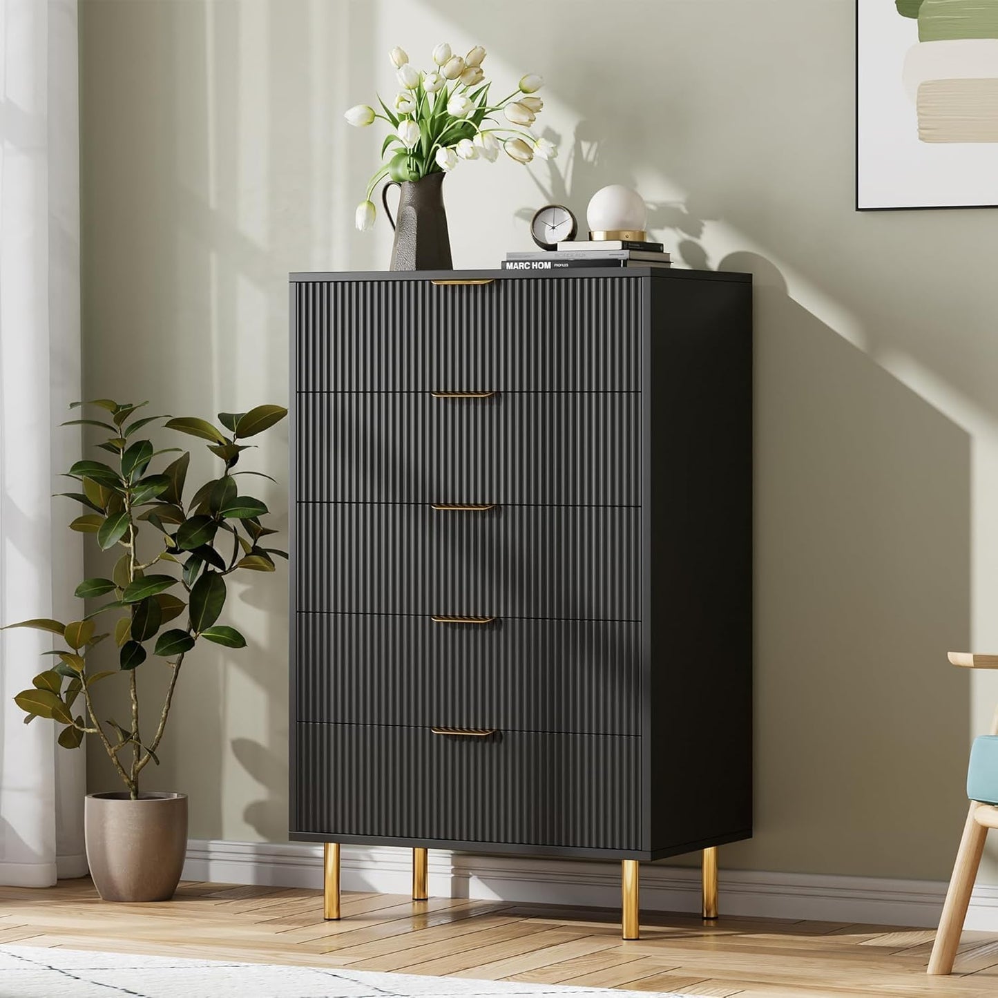 GAOMON 5 Drawer Dresser, Wood Chest of Drawers Organizer Storage with Gold Handle, Tall Storage Cabinet, Modern Design Dresser for Bedroom, Living Room, Closet, Hallway, Entryway, Black