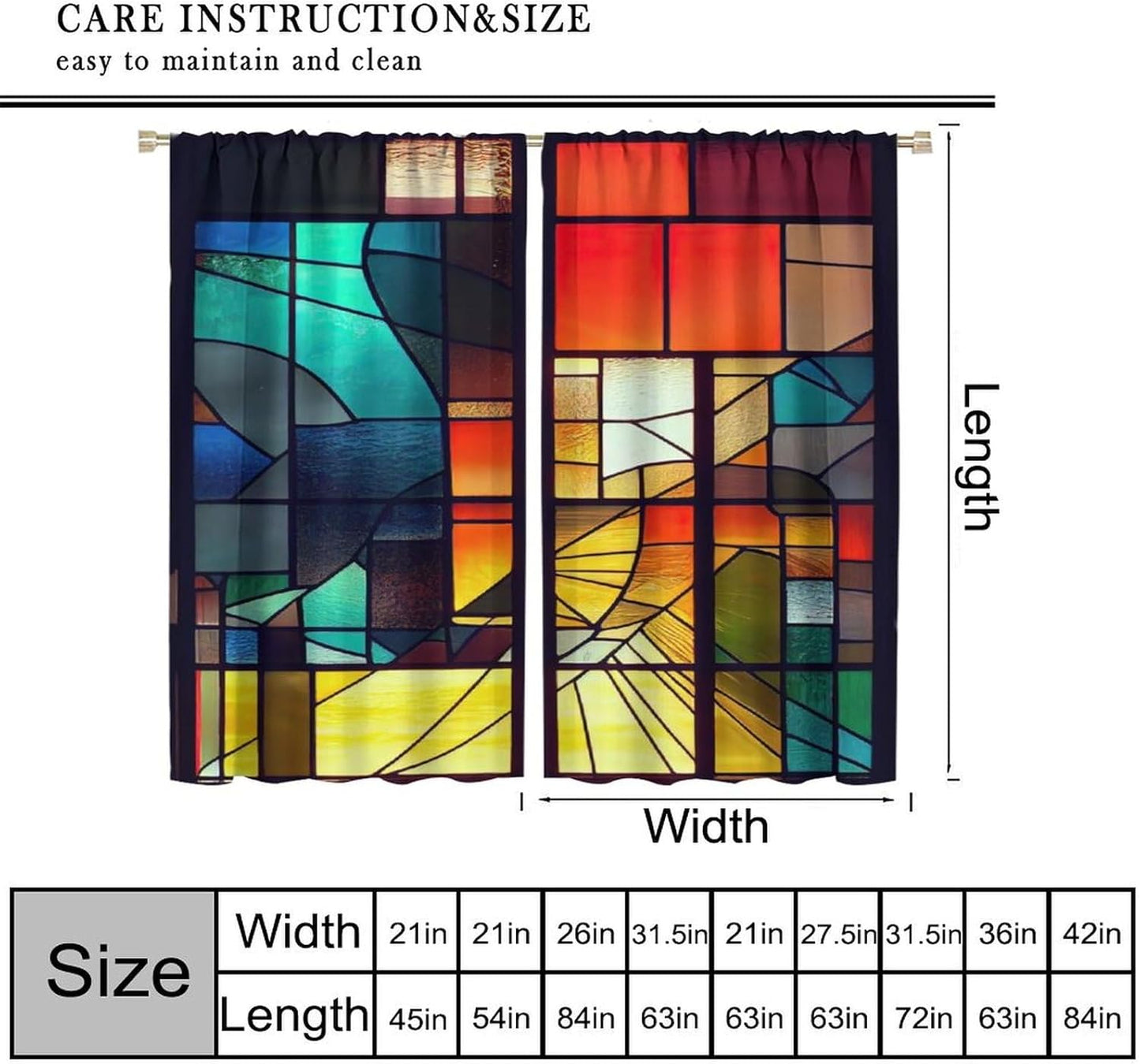 Stained Glass Curtains,Retro Abstract Colorful Geometry Textures Art Home Decor Drapes for Bedroom Living Room Kitchen Window Treatment 2 Panels Set Total Size 63" W X 72" L Inch