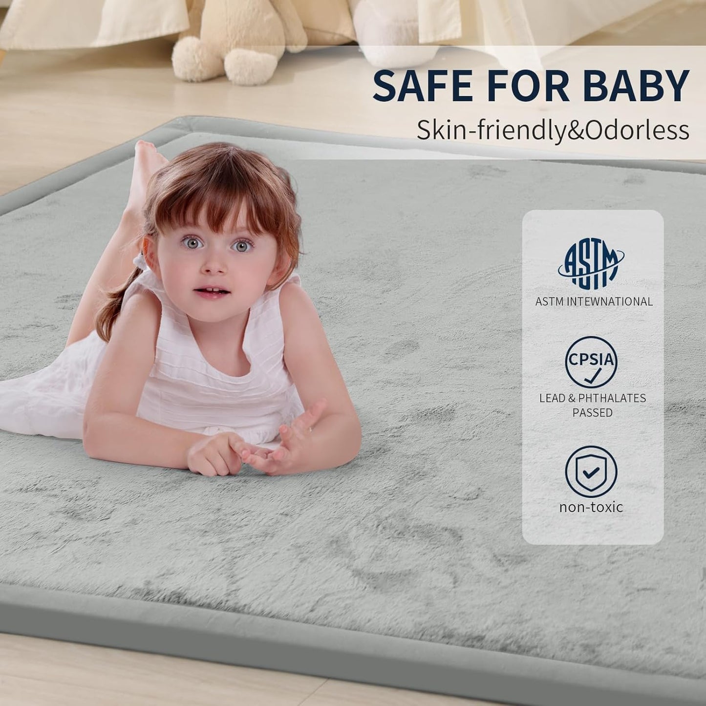ACOMOPACK Baby Play Mat for Floor 1.3" Thick Memory Foam Play Mat 59"×71" Tummy Time Crawling with Non-Slip Bottom for Living Room,Nursery,Soft Velvet Playpen Mats for Kids,Infants（Light Grey）
