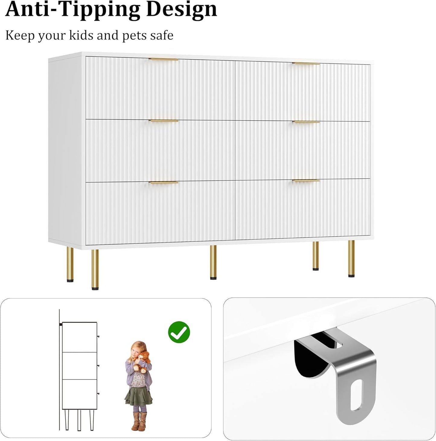 GarveeHome Fluted Wood 6 Drawers Dresser for Bedroom, Large Modern Chest of Drawers, White Dresser with Gold Handle, Wood Drawer Organizer for Bedroom, Living Room, Hallway, Entryway