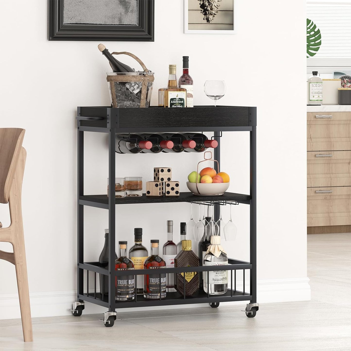Bar Cart Serving Wine 3 Tier Home Rolling Rack with Wheels Mobile Kitchen Industrial Vintage Style Wood Metal Serving Trolley Serving Cart, Drink Cart for Living Room Kitchen