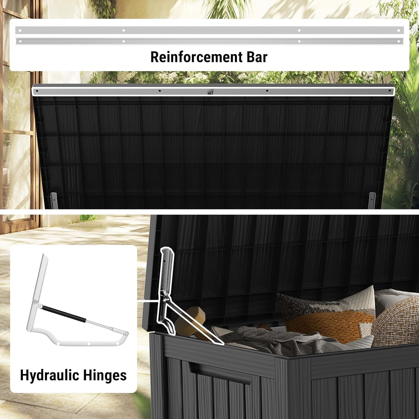 Mars Villa 180 Gallon Outdoor Storage Box Waterproof, Extra Large Resin Deck Box, Outside Storage Bin for Patio Furniture Cushions, Pool Supplies, Sports Gear, UV Resistant and Weatherproof, Black
