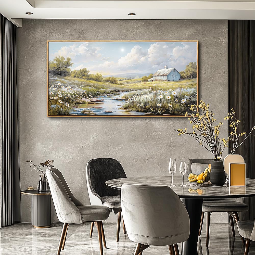 PHAOHUAXM Wall Art For Living Room Large Canvas Wall Decor For Bedroom Flower Watercolour Painting Office Decoration Countryside Scenery Mural Artwork Ready To Hang Home Decor 24x48 In Wood Framed
