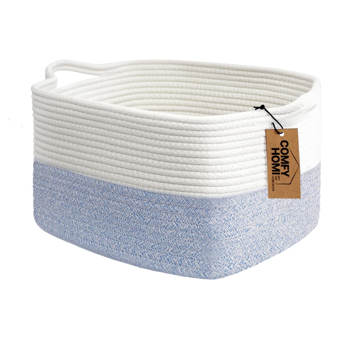 COMFY-HOMI Cotton Rope Woven Basket with Handles for shelf，Toy, Book, Cloth Storage Basket for Organizing-13.5"X11"X9.5" Storage Bin for Living Room, Newborn or Infant Gift for boy girl （White/blue）