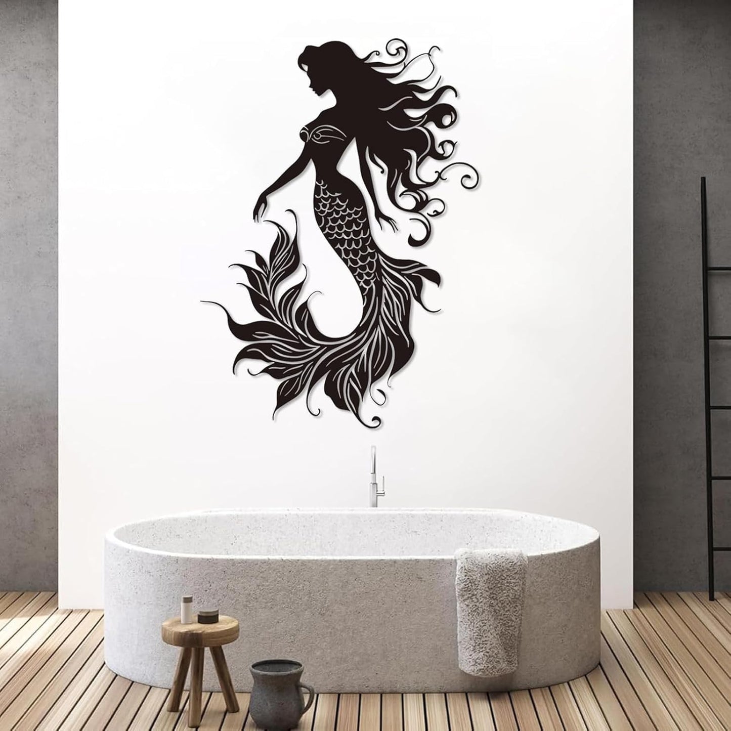 Veplsur Mermaid Metal Wall Art, Metal Mermaid Wall Decor, Marine Biology Wall Decor, Ocean Wall Art, Nautical Wall Hanging, Beach Hanging for Bathroom Bedroom (White, 48"x34"|121x86cm)