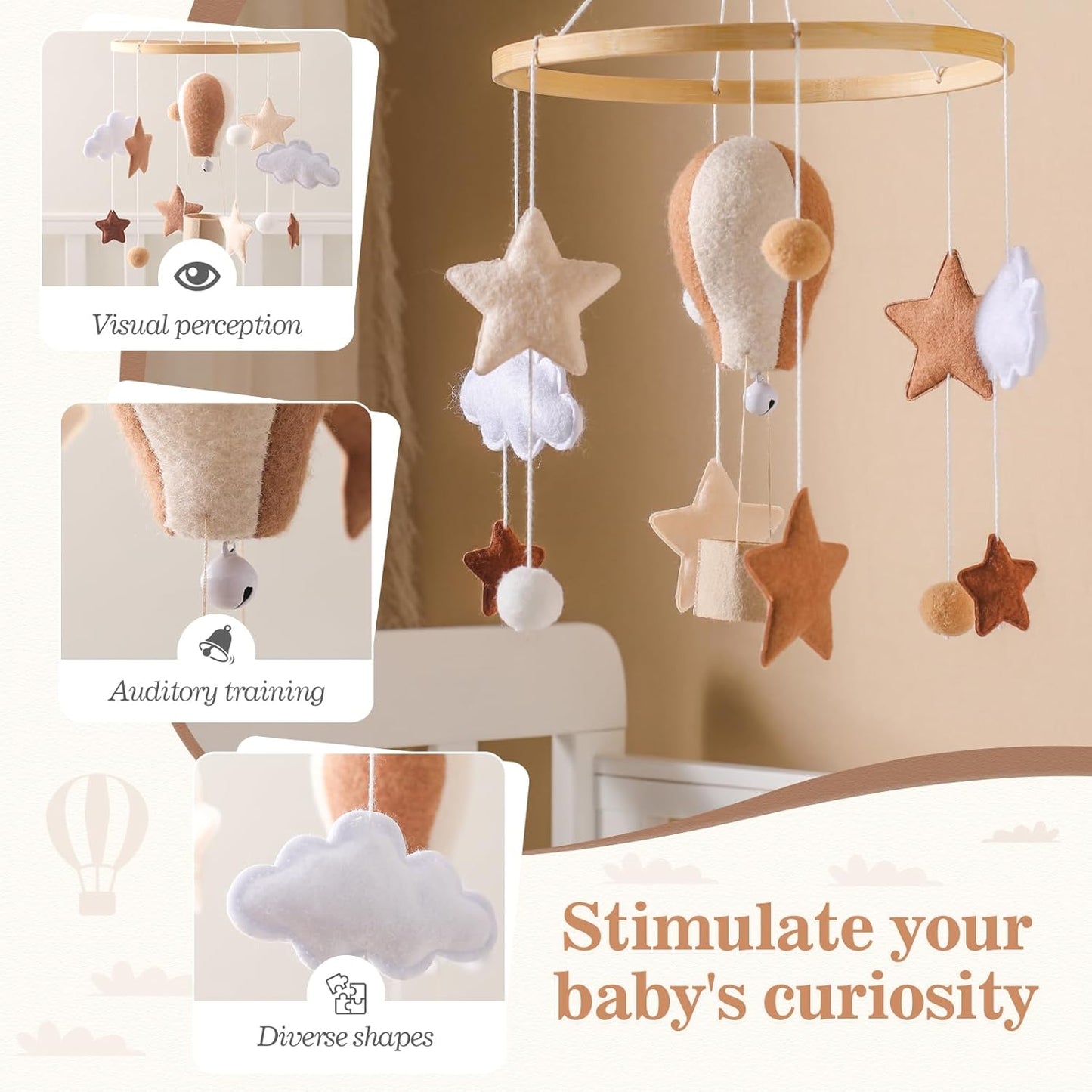 Baby Mobile for Crib, Baby Crib Mobile for Boys Girls, Baby Mobile for Bassinet, Boho Nursery Mobile, Nursery Decor Theme for Infant Bedroom Hanging, Gender Neutral Baby Gift (Hot Air Balloon)