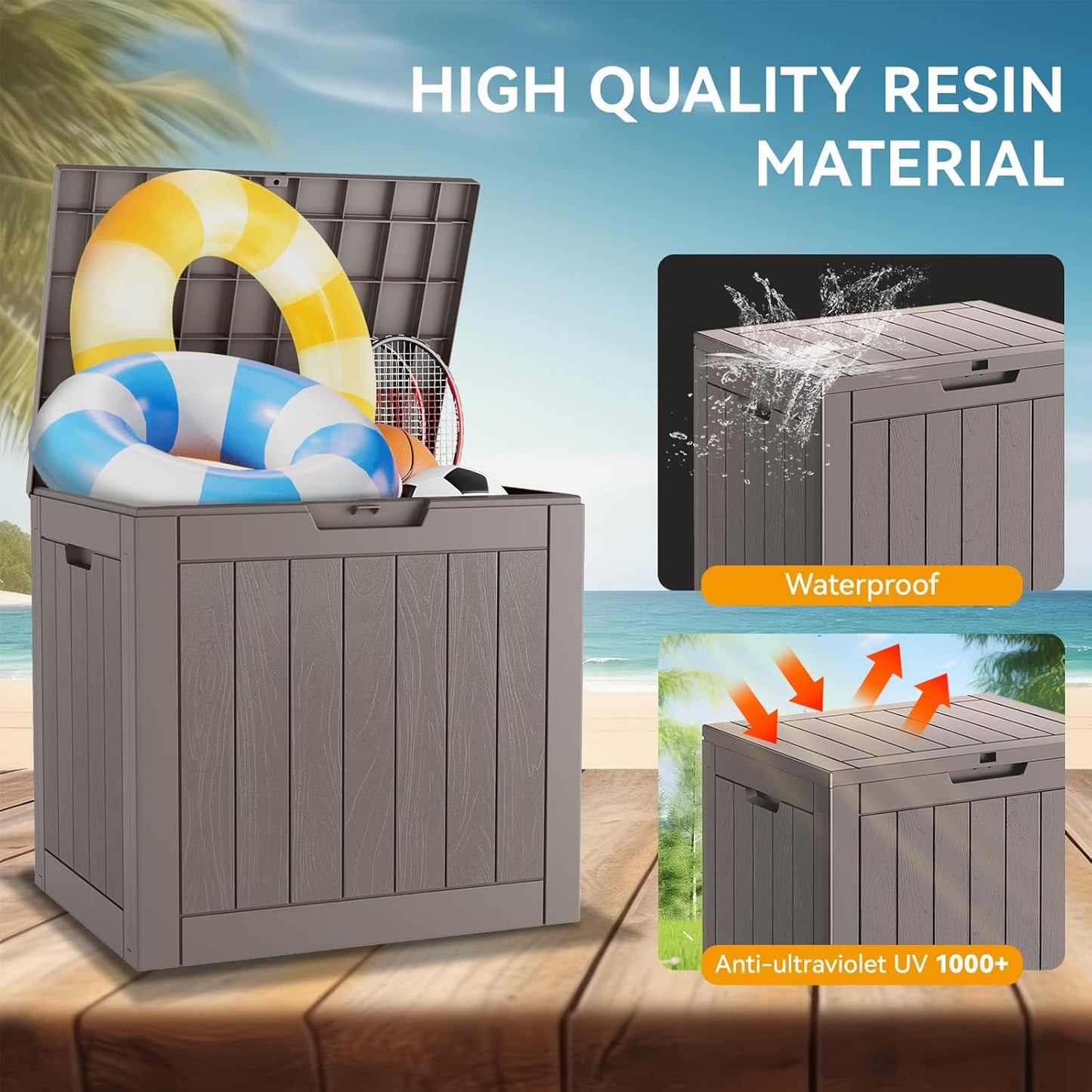 Outdoor Storage Box, 32 Gallon Deck Box Indoor Outdoor Storage Bin,Waterproof Resin Patio Storage Box for Garden Tools,Package Delivery,Pool Accessories,Sports Equipment,Patio Furniture,Lockable