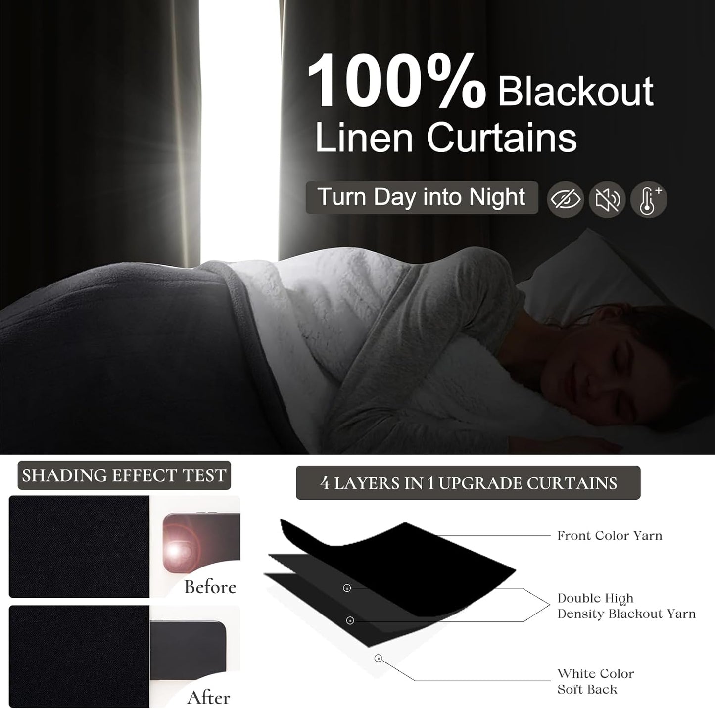 Unique Pinch Pleated Black Blackout Curtains 86 Inches Long for Living Room, Textured Linen Room Divider Window Curtain with Hooks Back Tab 2 Panels Set Thermal Thick Drapes 40" W x 86" L Length