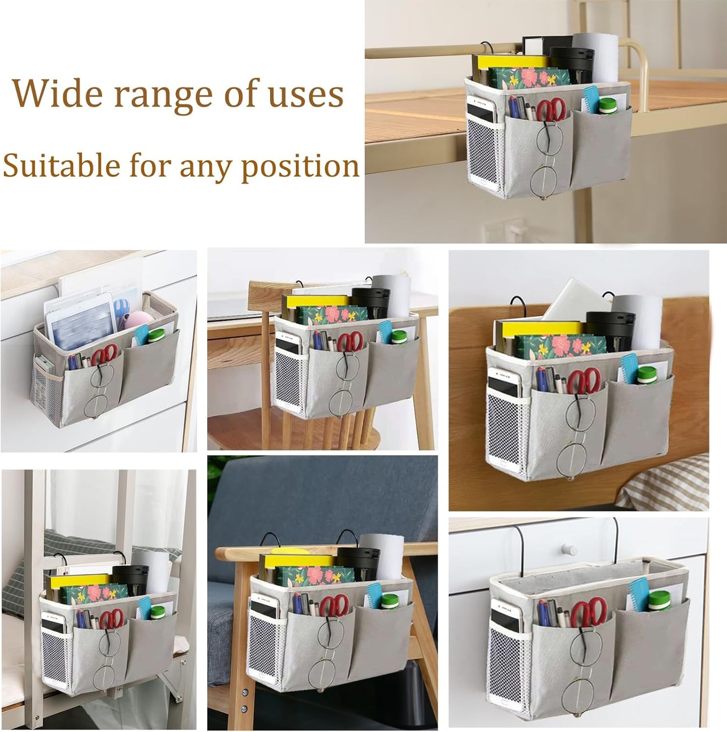 Bedside Caddy, Bedside Hanging Storage Organizer for College Dorm Bed, Bunk and Hospital Beds, Can be Placed Books, Phones,Keys, Glasses，Magazine Holder (Grey, 1)