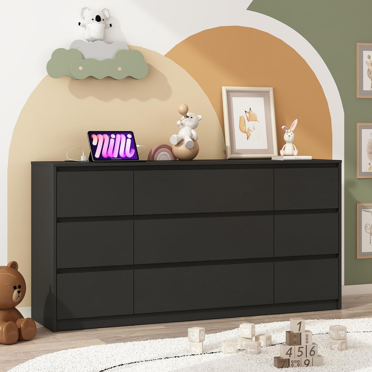 Black malm Dresser for Bedroom, 63 Inch Long 9 Drawers Dresser with Charging Station, Modern Large Wood Chest of Drawers Handle Free for Bedroom, Living Room, Entryway, Hallway, Black