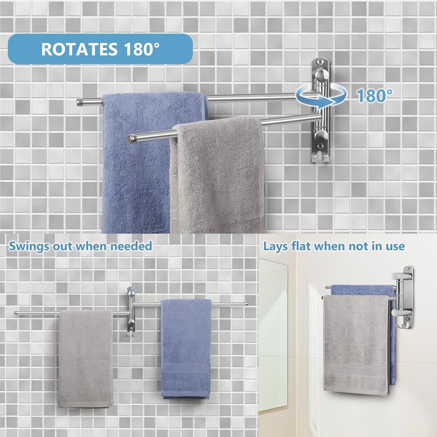 Wall Mounted Towel Rack JSVER 2 Arms Extended Swivel Towel Holder, SUS304 Stainless Steel Towel Racks for Bathroom, Kitchen