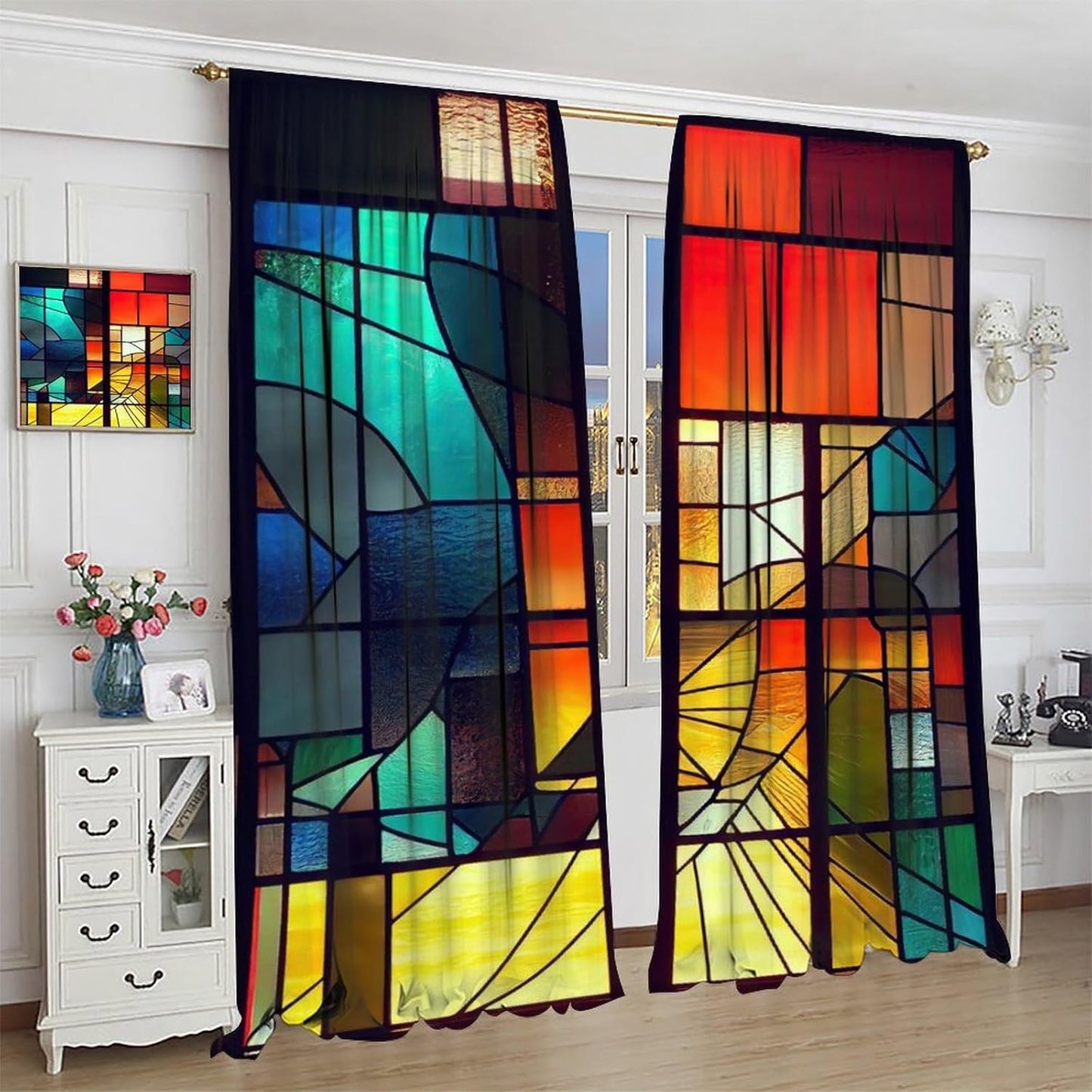 Stained Glass Curtains,Retro Abstract Colorful Geometry Textures Art Home Decor Drapes for Bedroom Living Room Kitchen Window Treatment 2 Panels Set Total Size 84" W X 84" L Inch