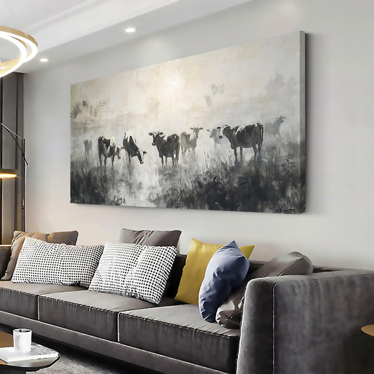 LASMOND Black and White Cow Wall Art for Living Room Ink Wash Canvas Painting Prints Morning Cattle Vintage Country Farmhouse Artwork Bedroom Office Decor (40x20 Inches)